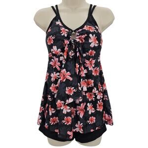 Zando Womans size M 2 Piece Ruffle Tankini Boyshorts Swimsuit Black/Floral NWOT